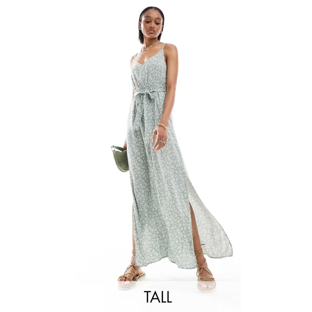 NWT Vero Moda Floral V Neck Maxi Cami Dress XS TALL Sage Green Flowy Boho Beach